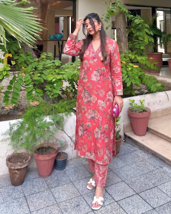 Coral Pink Floral Cotton Kurta Pant Set for Daily Wear — image 2