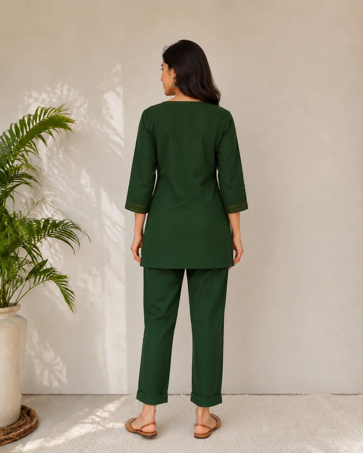 Floral Thread Work Cotton Co-ord Set with Notch Neck for Vacation Wear
