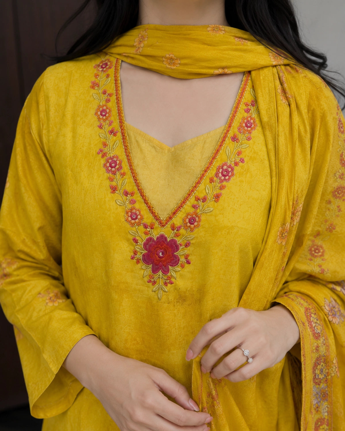 Mustard Floral Printed Rayon Kurta Pant Dupatta Set for Office Wear