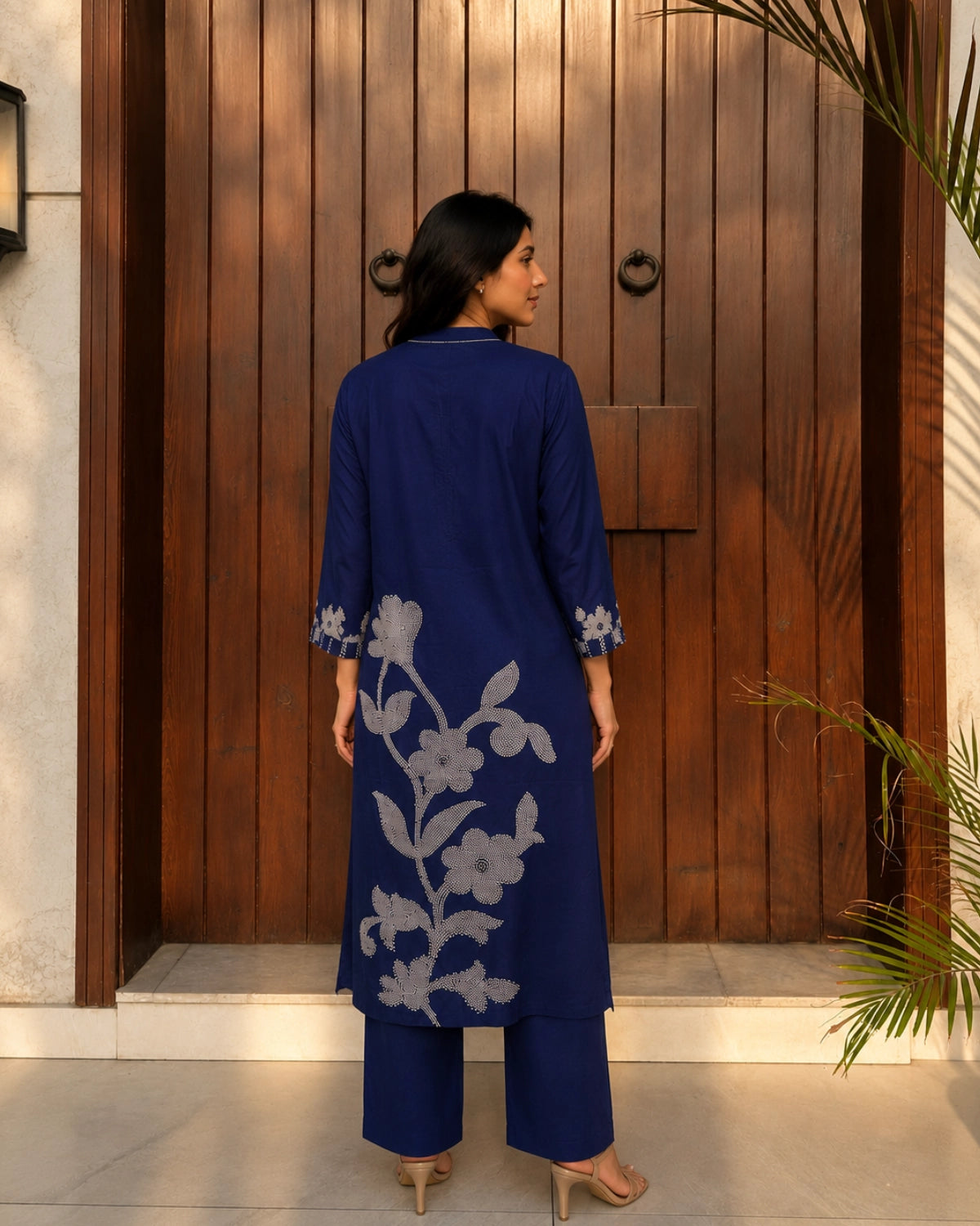 Navy Blue Kantha Work Cotton Kurta Pant Set for Daily Wear