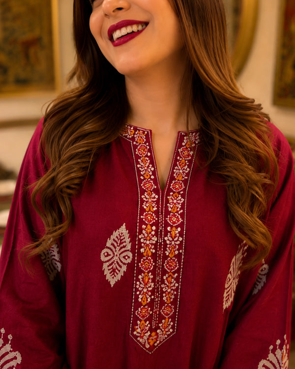 Maroon Paisley Muslin Co-Ord Set with Embroidered Yoke for Daily Wear — image 3