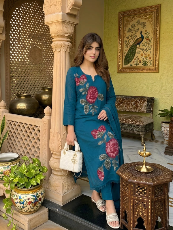 Teal Floral Embroidered Kurta Set with Dupatta