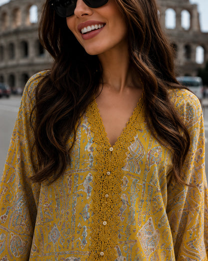 Mustard Paisley Print Cotton Co-ord Set with Lace Trim for Vacation Wear