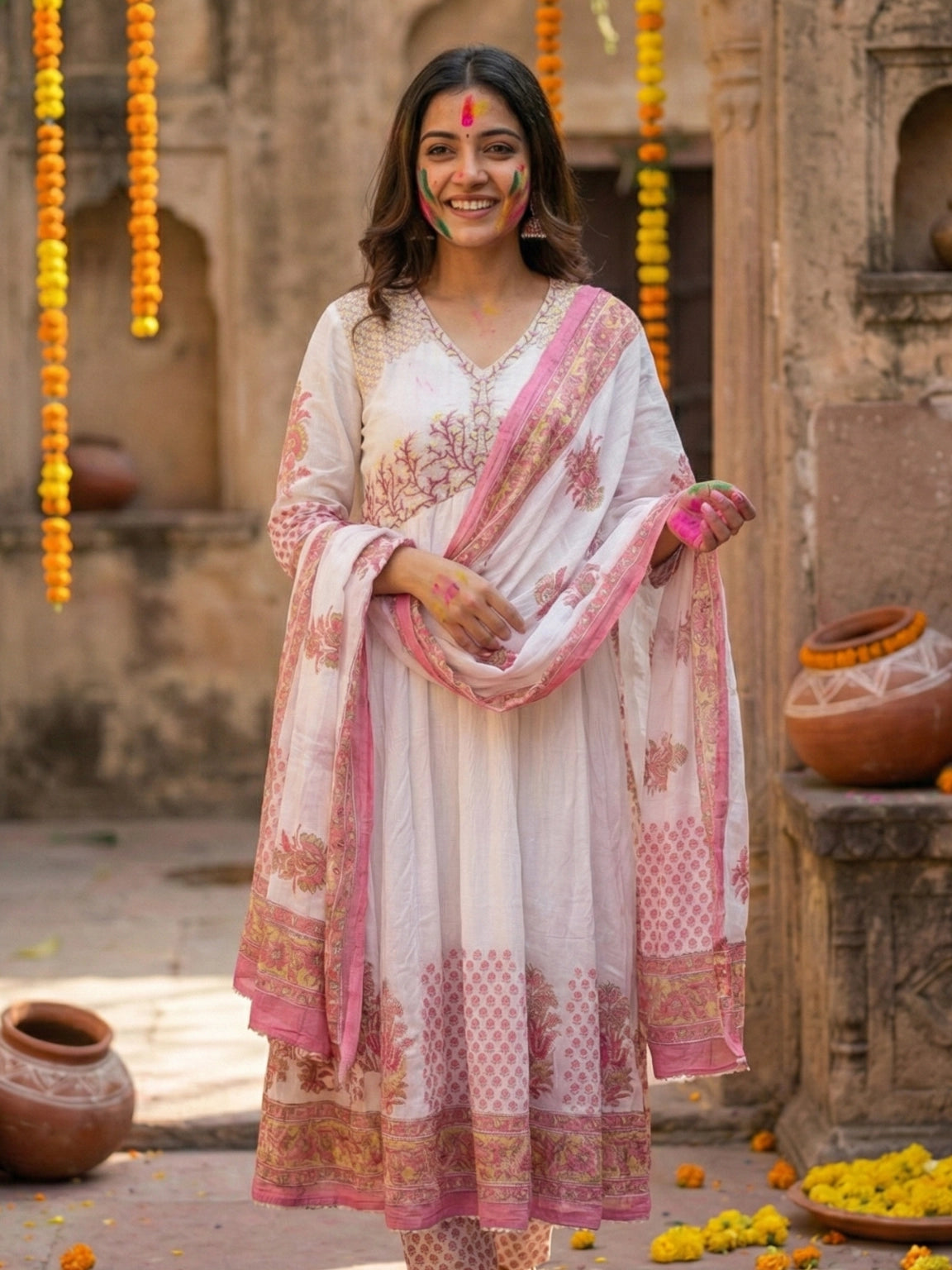 White & Pink Floral Printed Anarkali Set