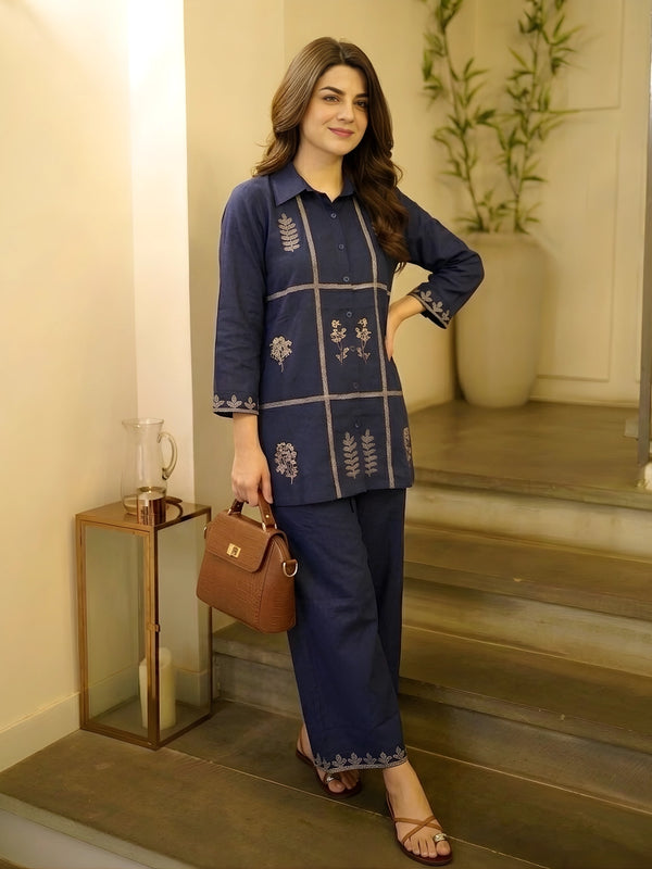 Navy Blue Embroidered Grid Co-Ord Set — image 2