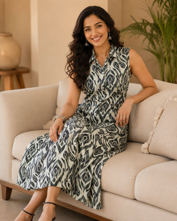 Off White Ikat Cotton Midi Dress with Collar Neck for Vacation Wear — image 1