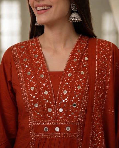 Rust Mirror Work Cotton Kurta Pant Dupatta Set for Daily Wear