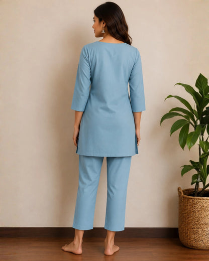 Floral Thread Work Cotton Co-ord Set with Notch Neck for Vacation Wear