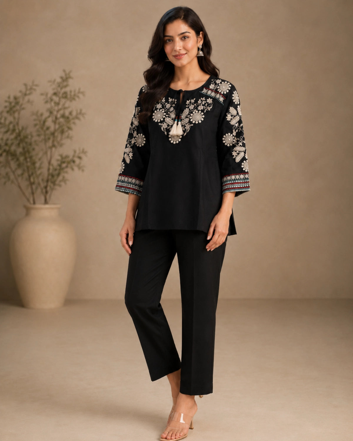 Black Floral Embroidered Cotton Co-Ord Set for Daily Wear