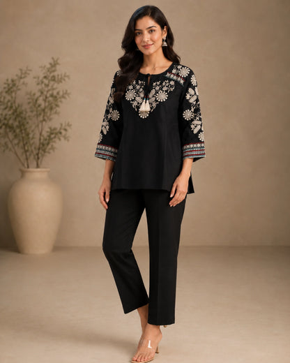 Black Floral Embroidered Cotton Co-Ord Set for Daily Wear