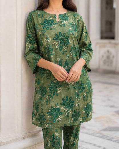 Green Floral Print Cotton Co-ord Set for Daily Wear