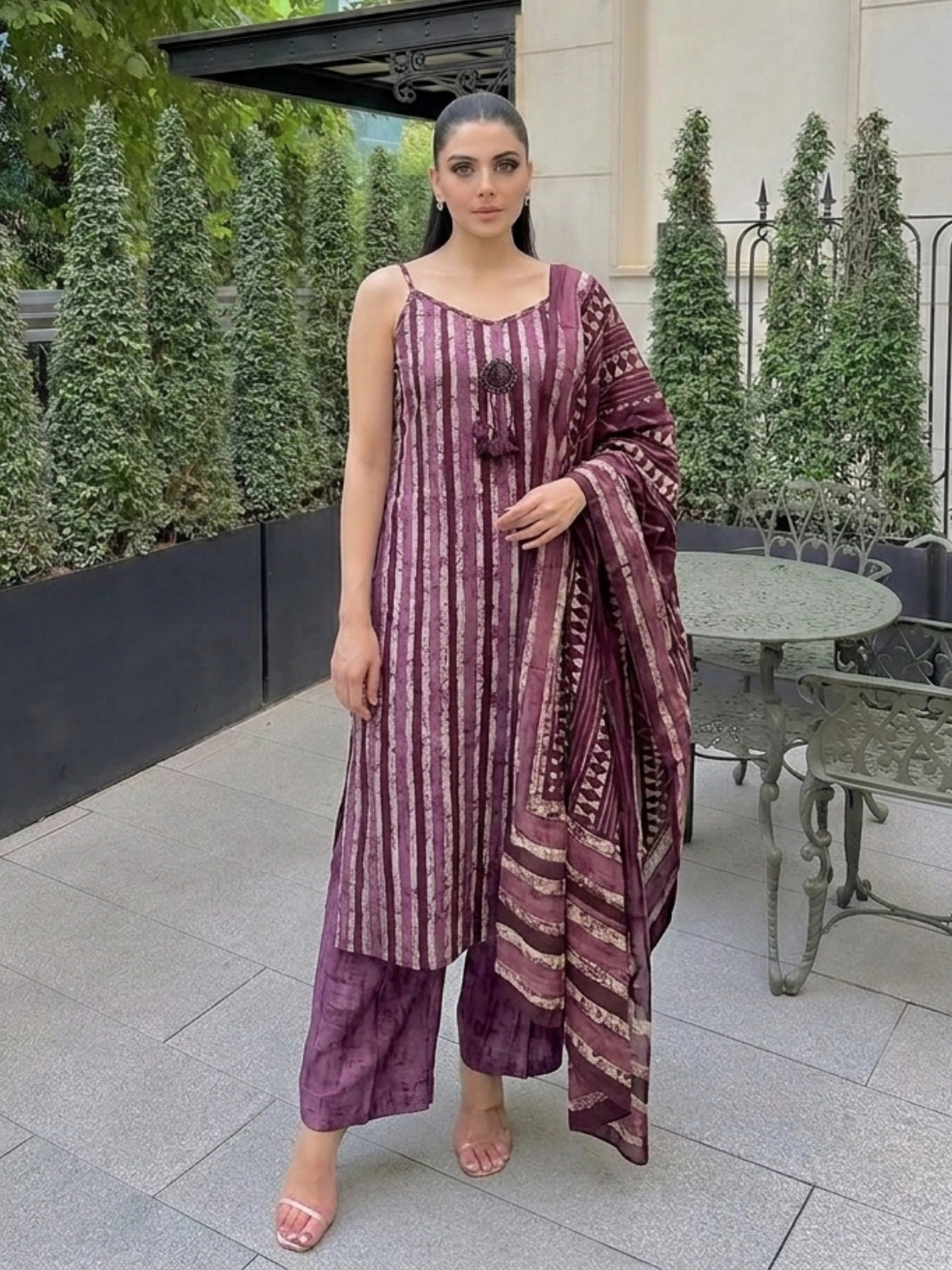 Deep Plum Batik Print Strappy Suit Set