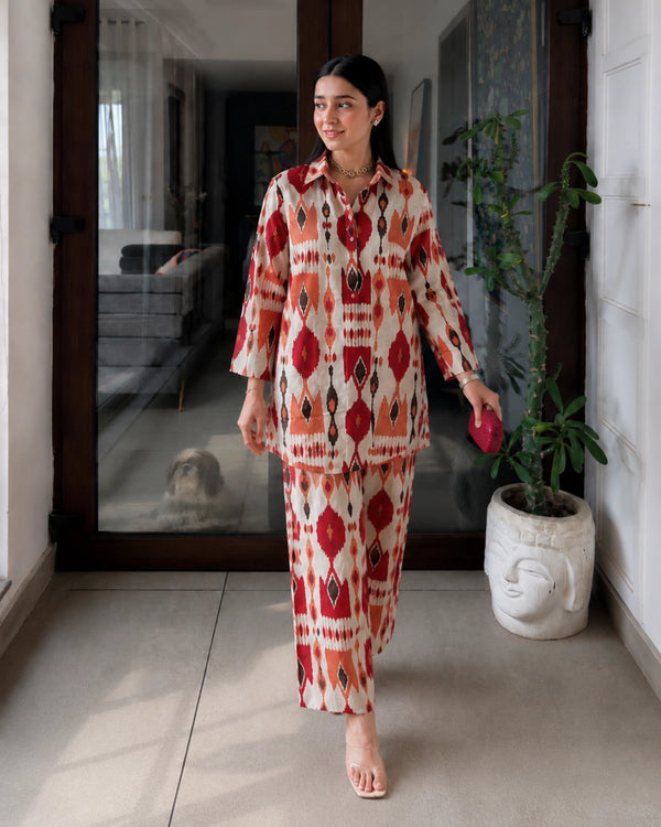 Red Ikat Print Cotton Co-ord Set with Shirt Collar for Office Wear