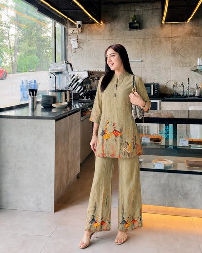 Olive Green Warli Print Chanderi Co-Ord Set for Office Wear