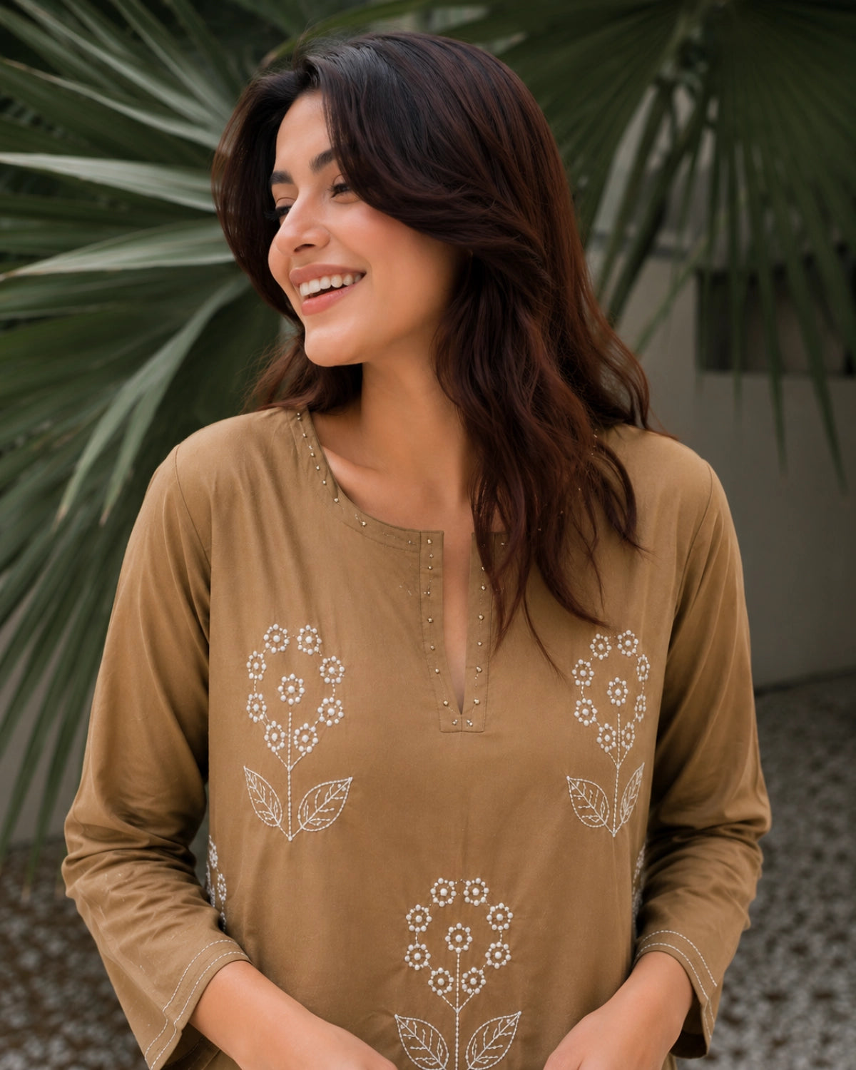 Olive Brown Thread Work Cotton Kurta Pant Dupatta for Daily Wear