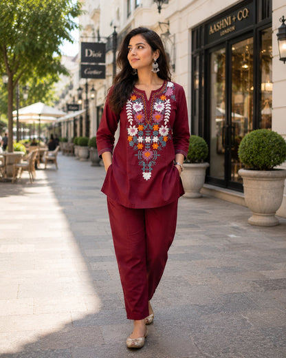 Thread Work Round Neck Rayon Co-ord Set