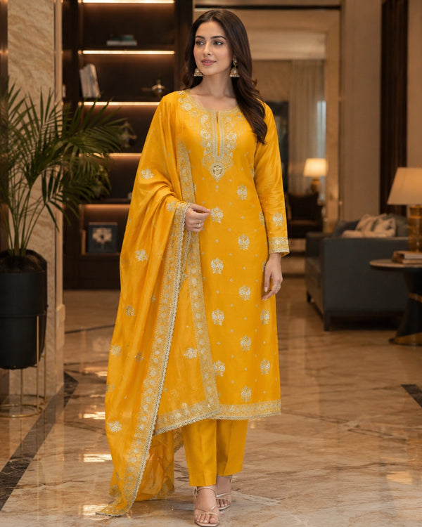 Mustard Yellow Thread Work Viscose Unstitched Suit for Daily Wear