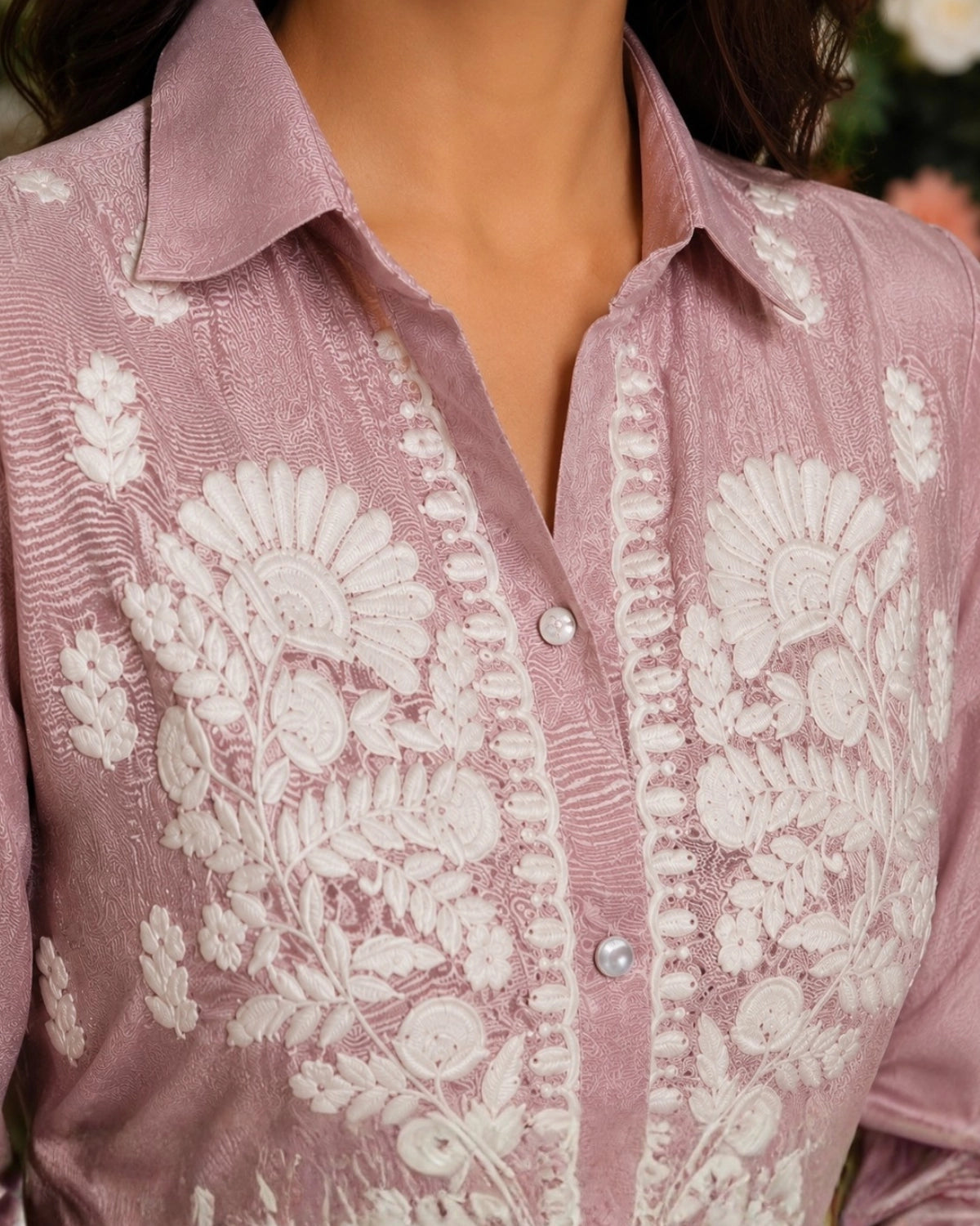 Mauve Chikankari Embroidered Muslin Shirt for Office Wear