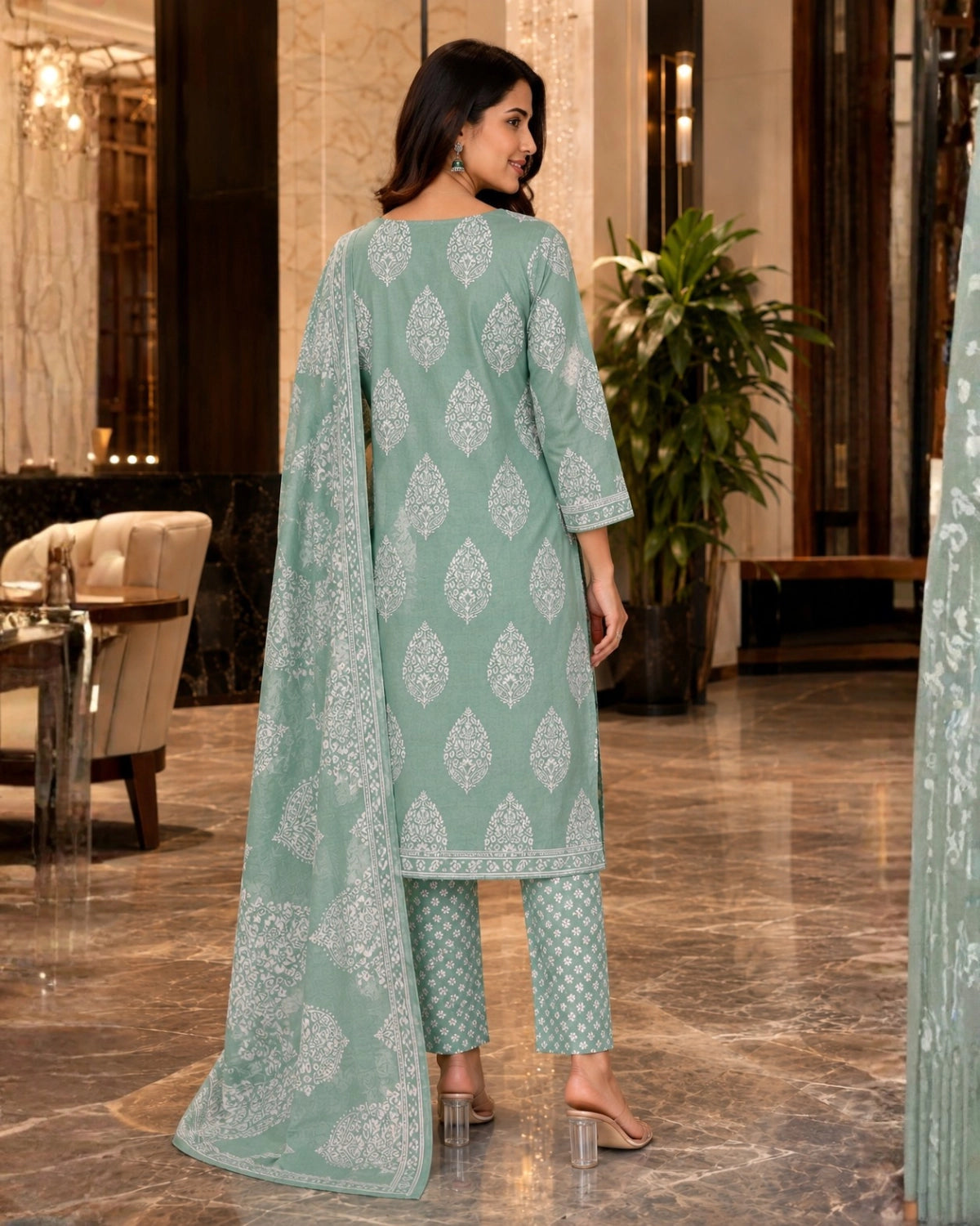 Sage Green Block Print Cotton Unstitched Suit for Daily Wear