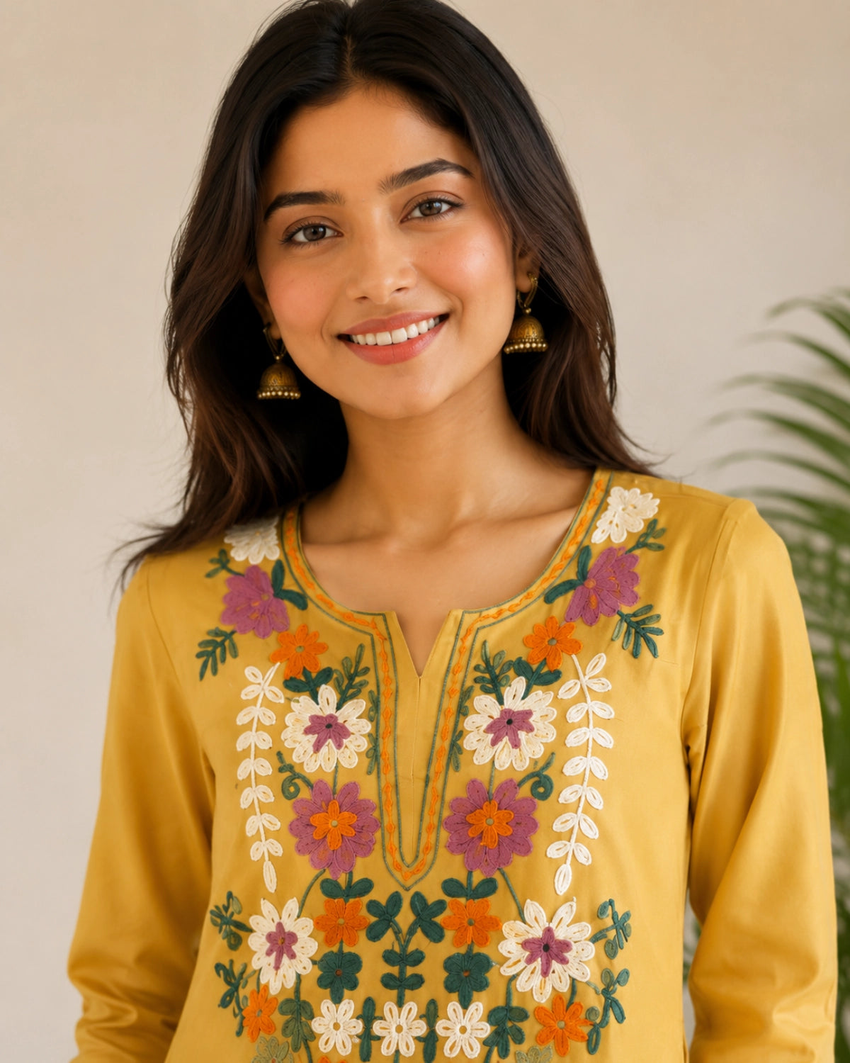 Floral Thread Work Cotton Co-ord Set with Notch Neck for Vacation Wear