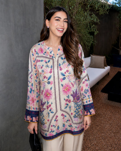 Ivory Floral Crepe Co-ord Set with Border Print for Vacation Wear