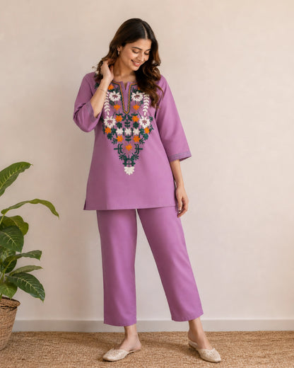 Floral Thread Work Cotton Co-ord Set with Notch Neck for Vacation Wear