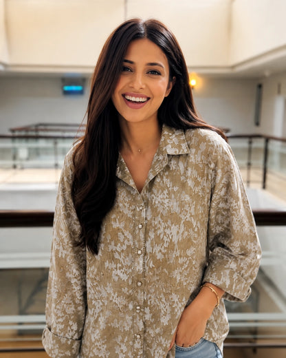 Beige Floral Imported Shirt for Vacation and Office Wear