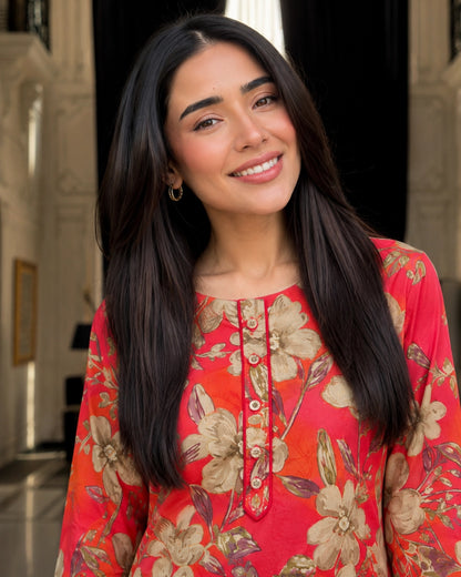 Coral Pink Floral Print Kurta Pant Set with Round Neck for Daily Wear