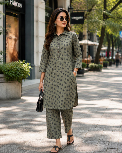 Block Print Rayon Co-ord Set with Collar Neck for Daily Wear
