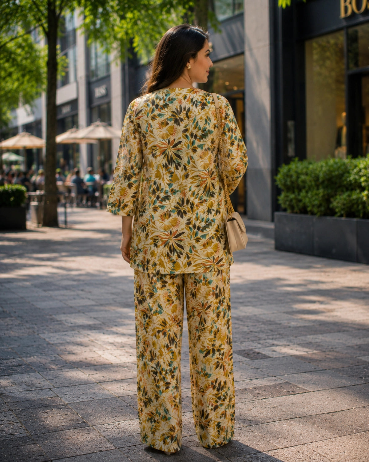 Cream Floral Print Cotton Co-ord Set for Daily Wear