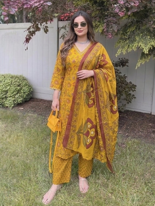 Mustard Yellow Floral Printed Suit Set