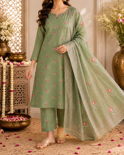 Sage Green Floral Print Cotton Kurta Pant Dupatta for Daily Wear