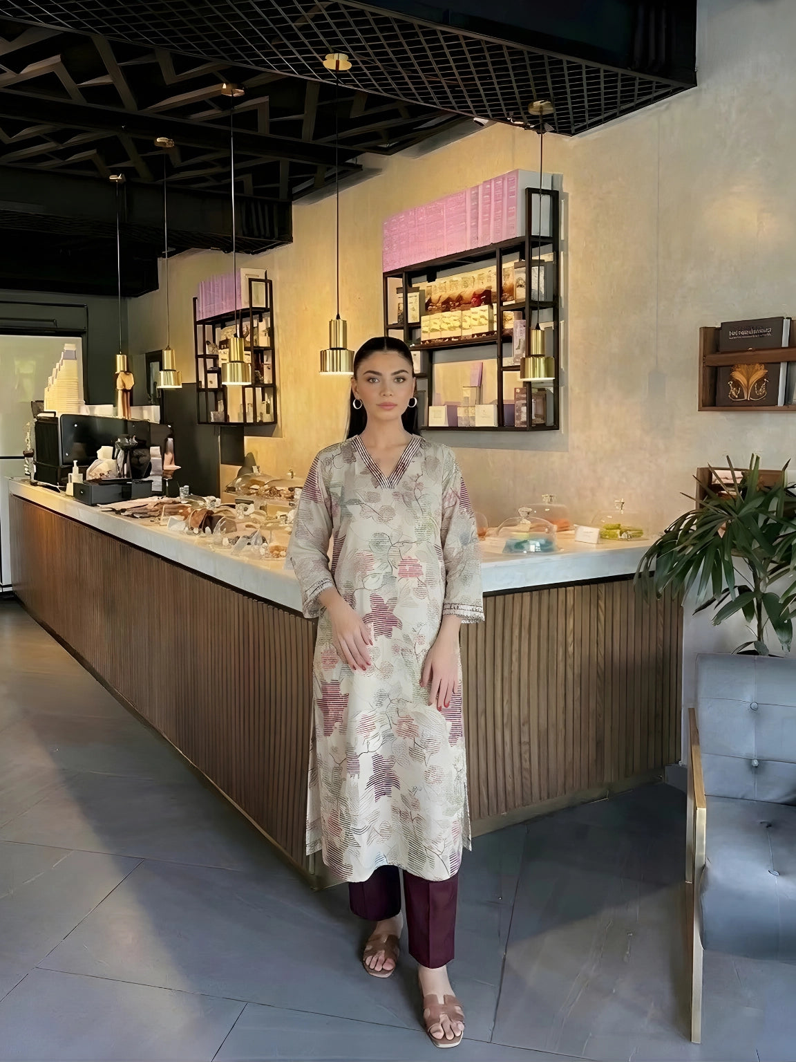 Beige and Burgundy Floral Kurta Set