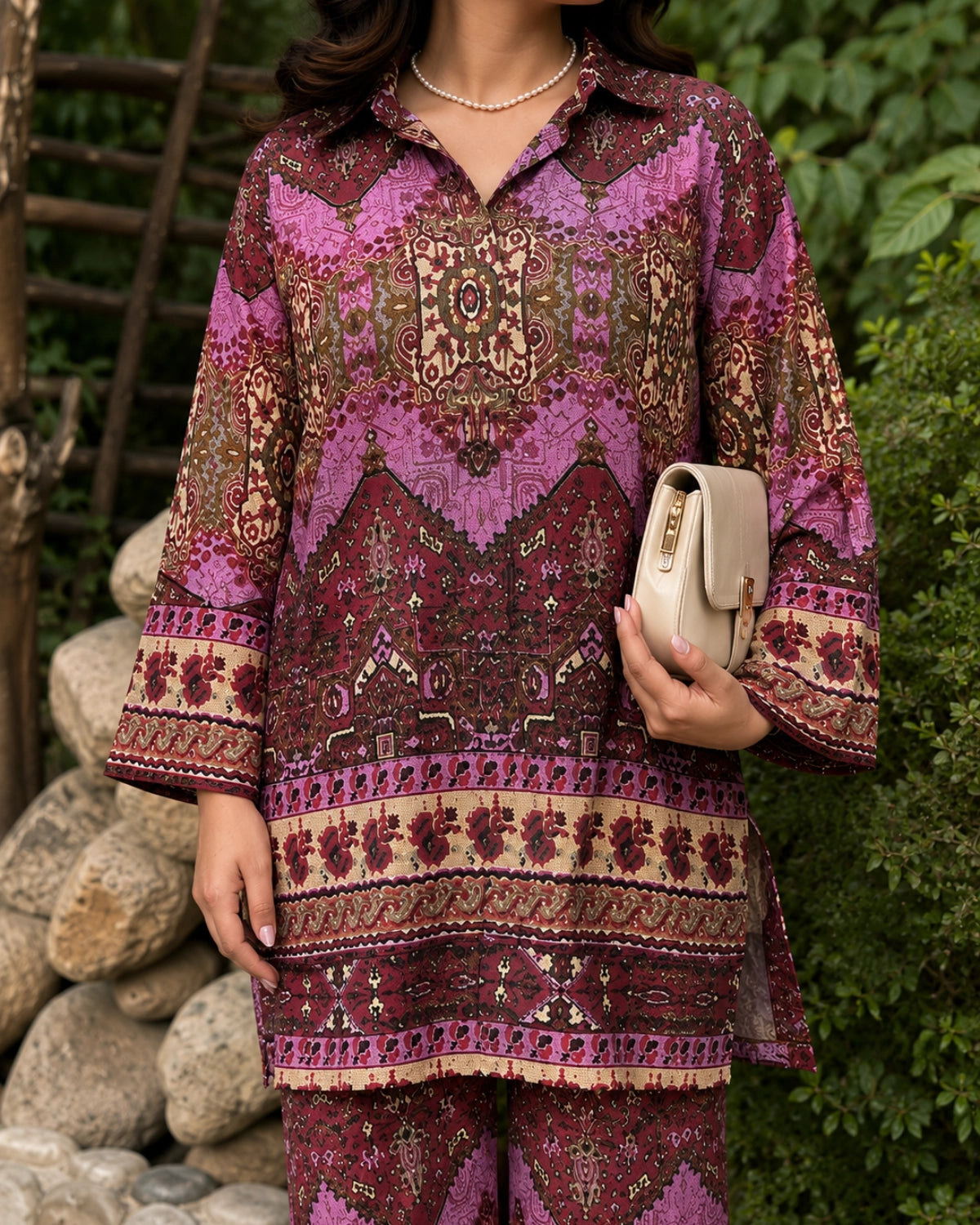 Wine Boho Print Rayon Co-ord Set with Shirt Collar for Vacation Wear