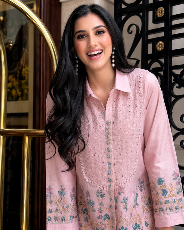 Pink Embroidered Cotton Co-ord Set with Mirror Work for Vacation Wear — image 2