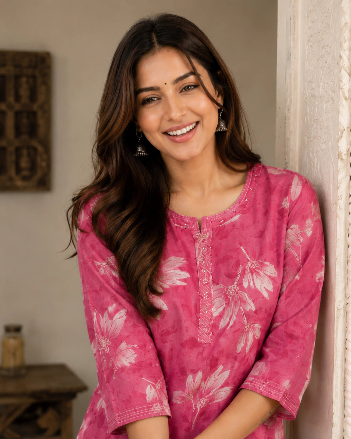 Pink Floral Printed Cotton Long Kurta with Round Neck for Office Wear