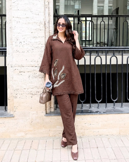 Thread Work Imported Co-Ord Set with Collar Neck and Lace Trim for Office Wear
