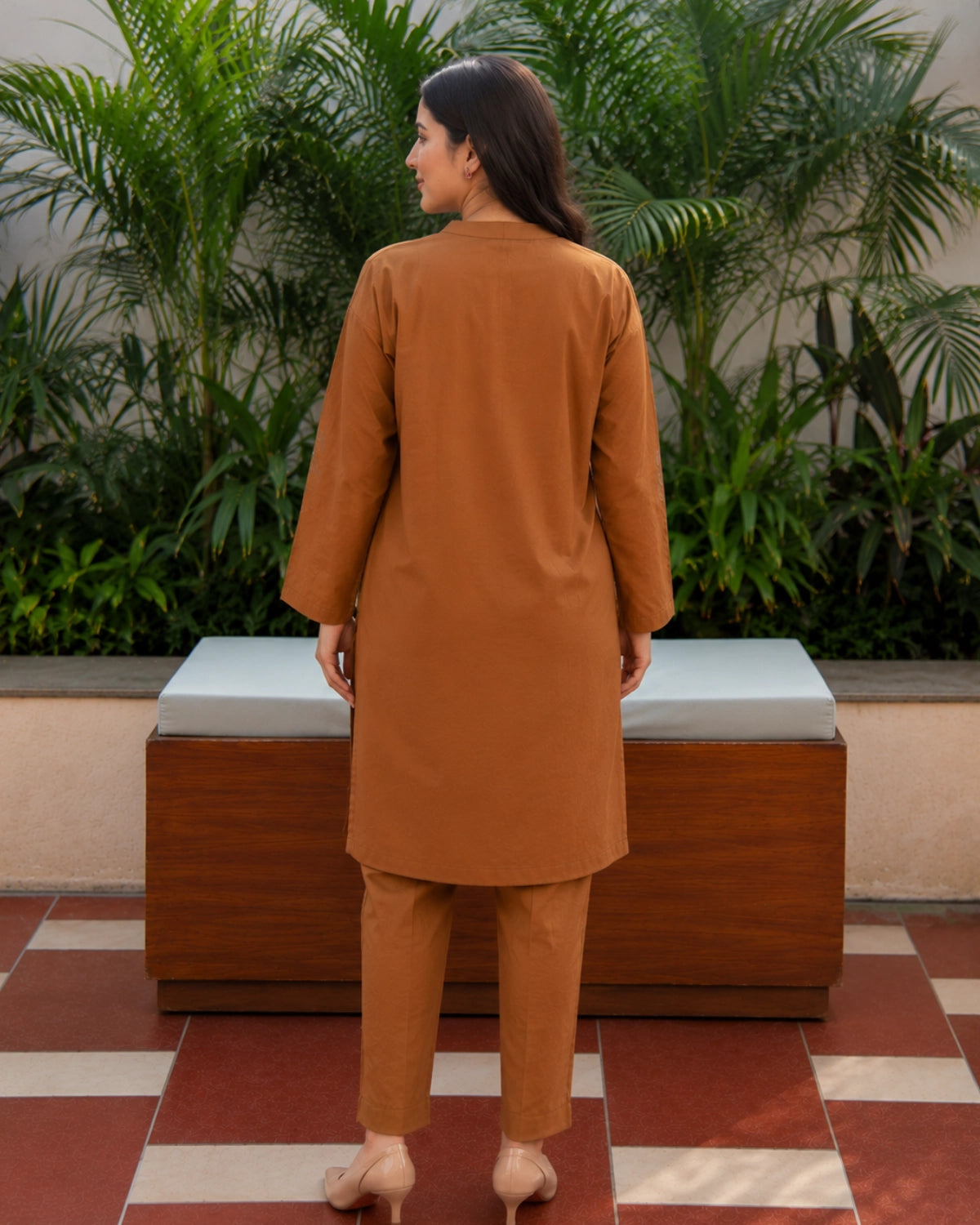 Brown Kantha Cotton Kurta Pant Set with Mandarin Collar