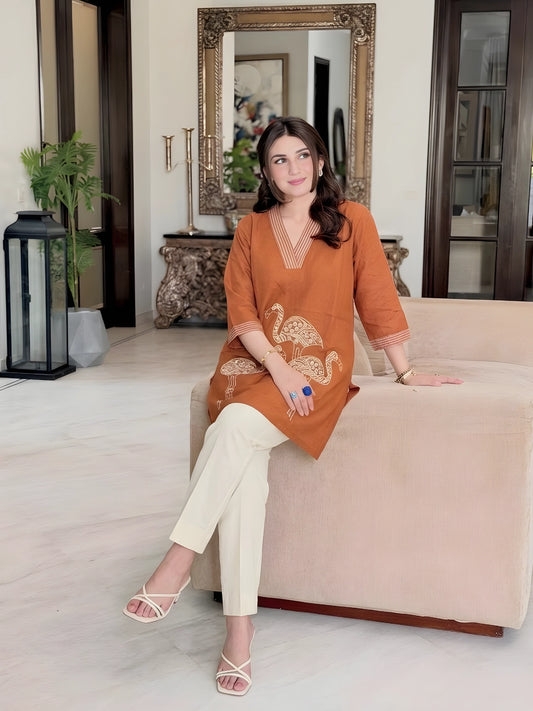 Rust Flamingo Embroidered Kurti