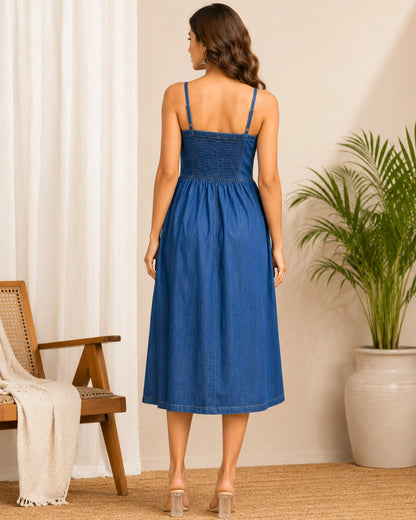 Blue Imported Sleeveless Midi Dress with V Neck for Vacation Wear