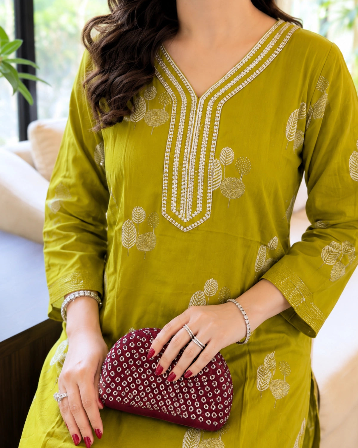 Olive Green Embroidered Cotton Kurta Pant Set for Office Wear