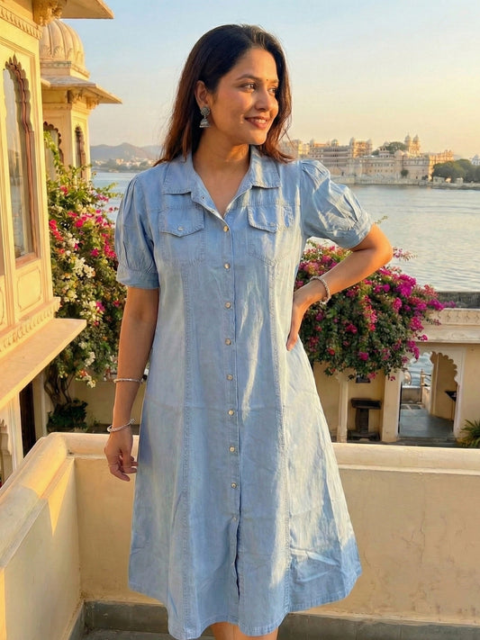 Sky Blue Button-Down Denim Midi Dress