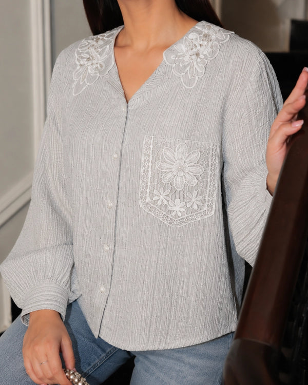 Grey Imported Shirt with Lace Collar for Office and Vacation Wear — image 4