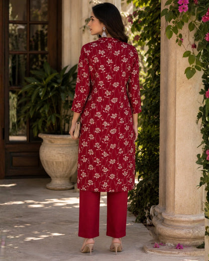Cherry Red Floral Print Rayon Kurta Pant Set for Daily Wear