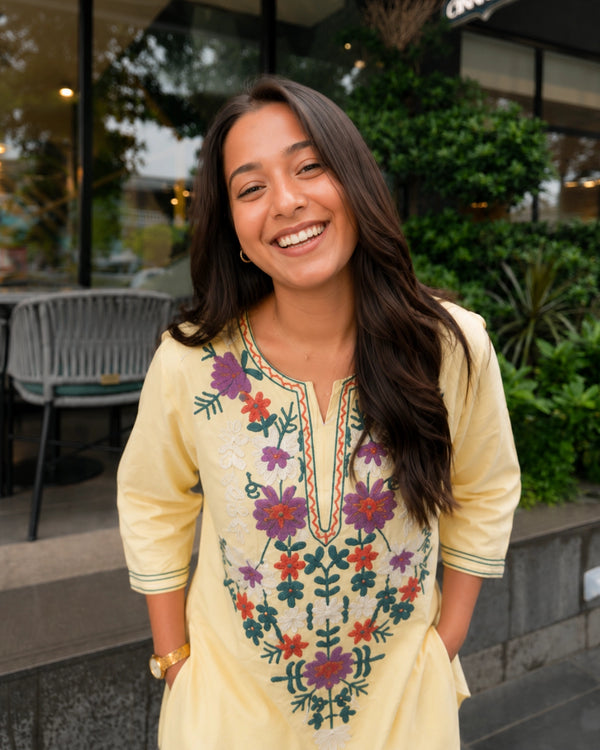 Butter Yellow Floral Embroidered Cotton Co-ord Set for Vacation Wear — image 2