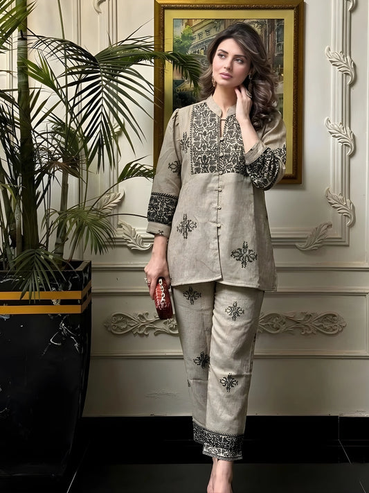 Beige Embroidered Co-Ord Set