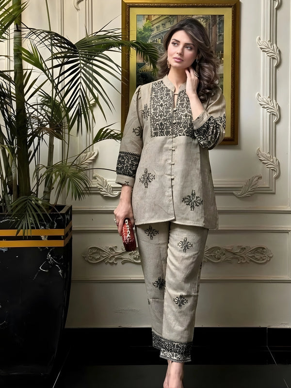 Beige Embroidered Co-Ord Set