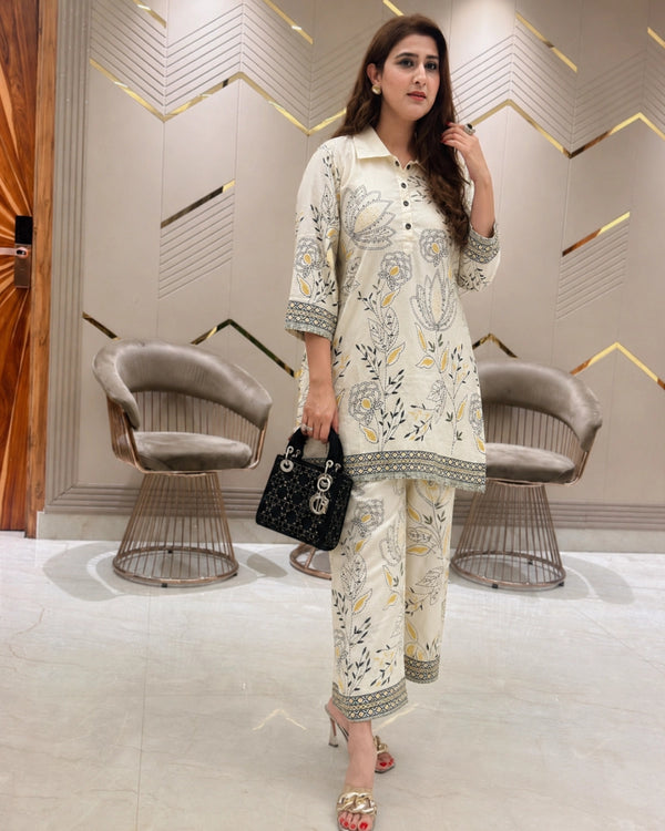 Floral Print Mul Mul Cotton Co-ord Set with Collar Neck for Daily Wear