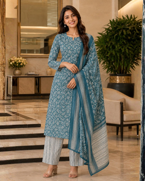 Teal Block Print Cotton Unstitched Suit for Daily Wear