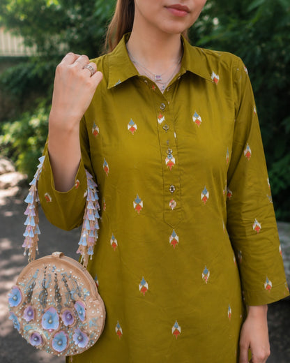 Olive Green Ikat Cotton Co-ord Set with Shirt Collar for Daily Wear